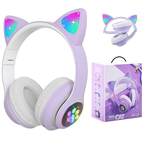 子供用ヘッドホン Megadream無線/有線ヘッドホン マイク付き 猫耳LEDライト/両側RGBライトデザイン Bluetooth5.0/ワイヤ長 1m TFカード挿