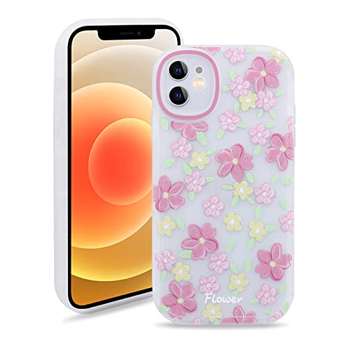 iPhone 12 Mini 対応 クリア ケース, PNATEE オシャレ 可愛い 綺麗 ピンクの花 絵柄 花 デザイン スタンド 付き 超薄 軽量 透明 一体型